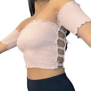 LA Hearts Pink Smocked Off Shoulder Crop Top